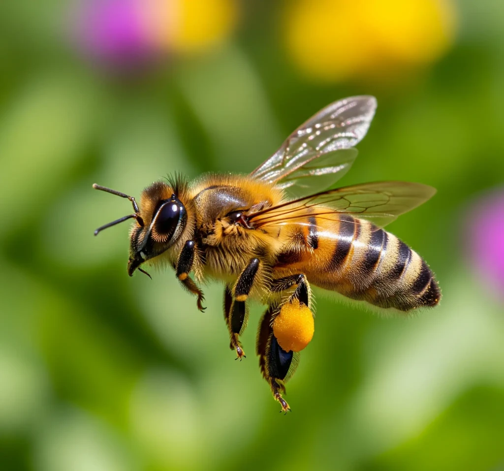 Abeille en vol, plus petite et trapue, corps brun-noir ou doré couvert de poils, avec des boules de pollen sur les pattes arrière.