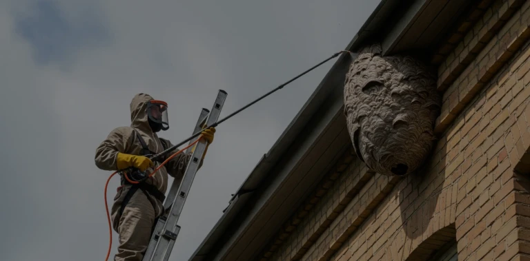 Un professionnel en hauteur détruit un nid de frelons à l'aide d'une perche.