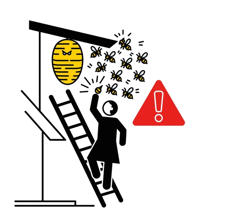 Pictogramme de danger montrant une personne sur une échelle instable essayant d'atteindre un nid de frelons, avec un symbole de danger.
