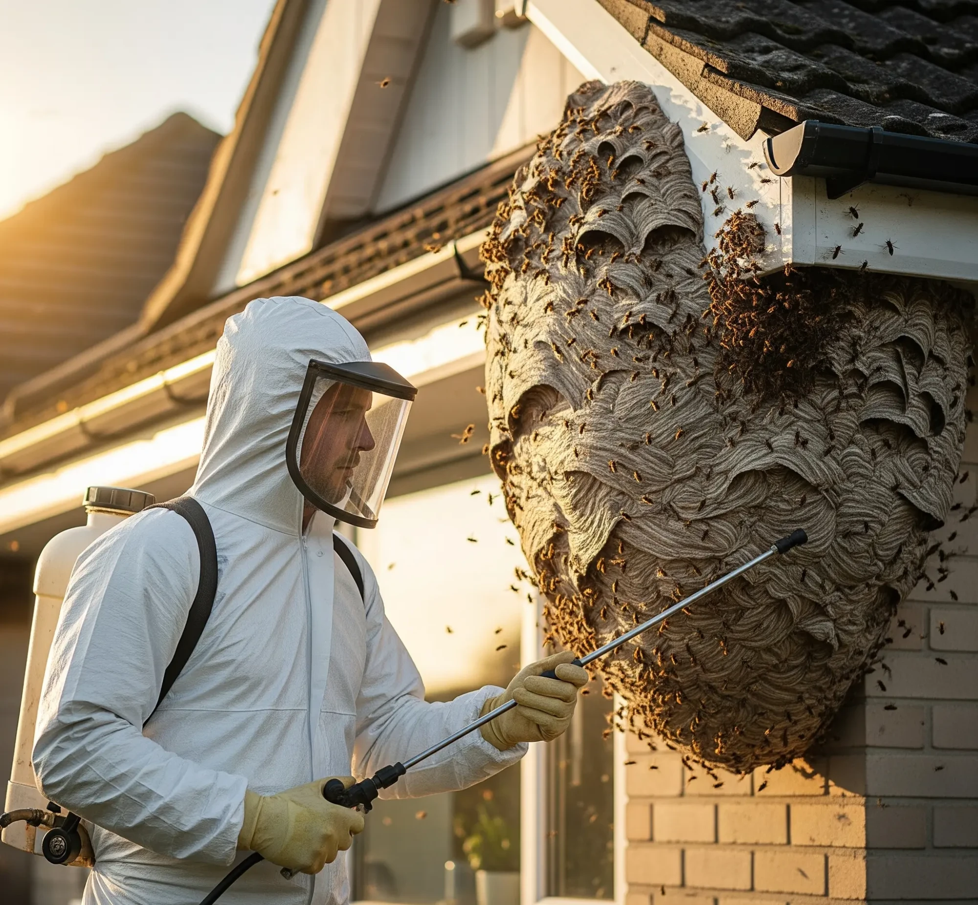 Un exterminateur professionnel en combinaison de protection vaporise un grand nid de frelons ou de guêpes sur le mur d'une maison.