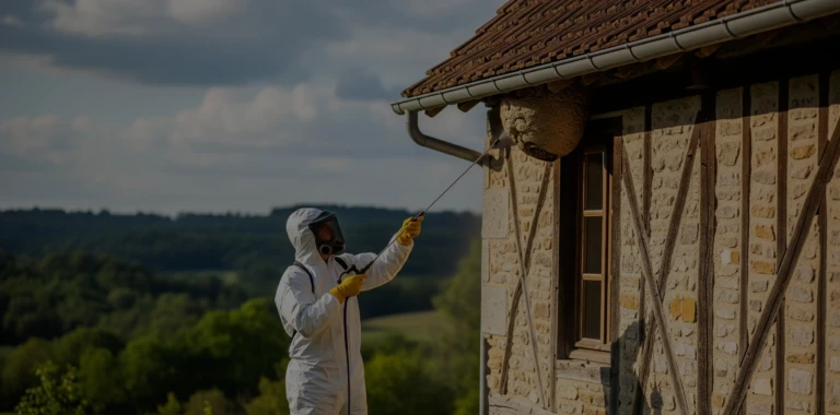 Un professionnel en combinaison de protection détruit un nid de frelons sur une maison rurale en Haute-Vienne.