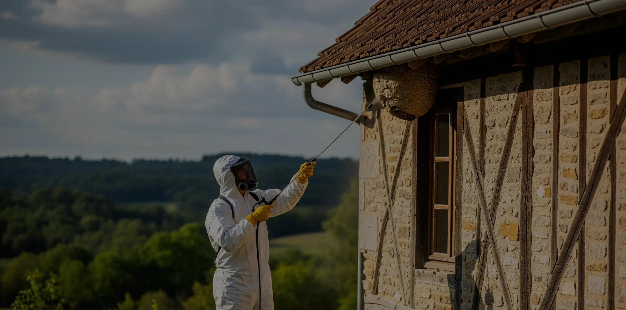 Un professionnel en combinaison de protection détruit un nid de frelons sur une maison rurale en Haute-Vienne.