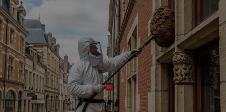 Un professionnel enlève un nid de frelons sur la façade d'un bâtiment urbain à Limoges.