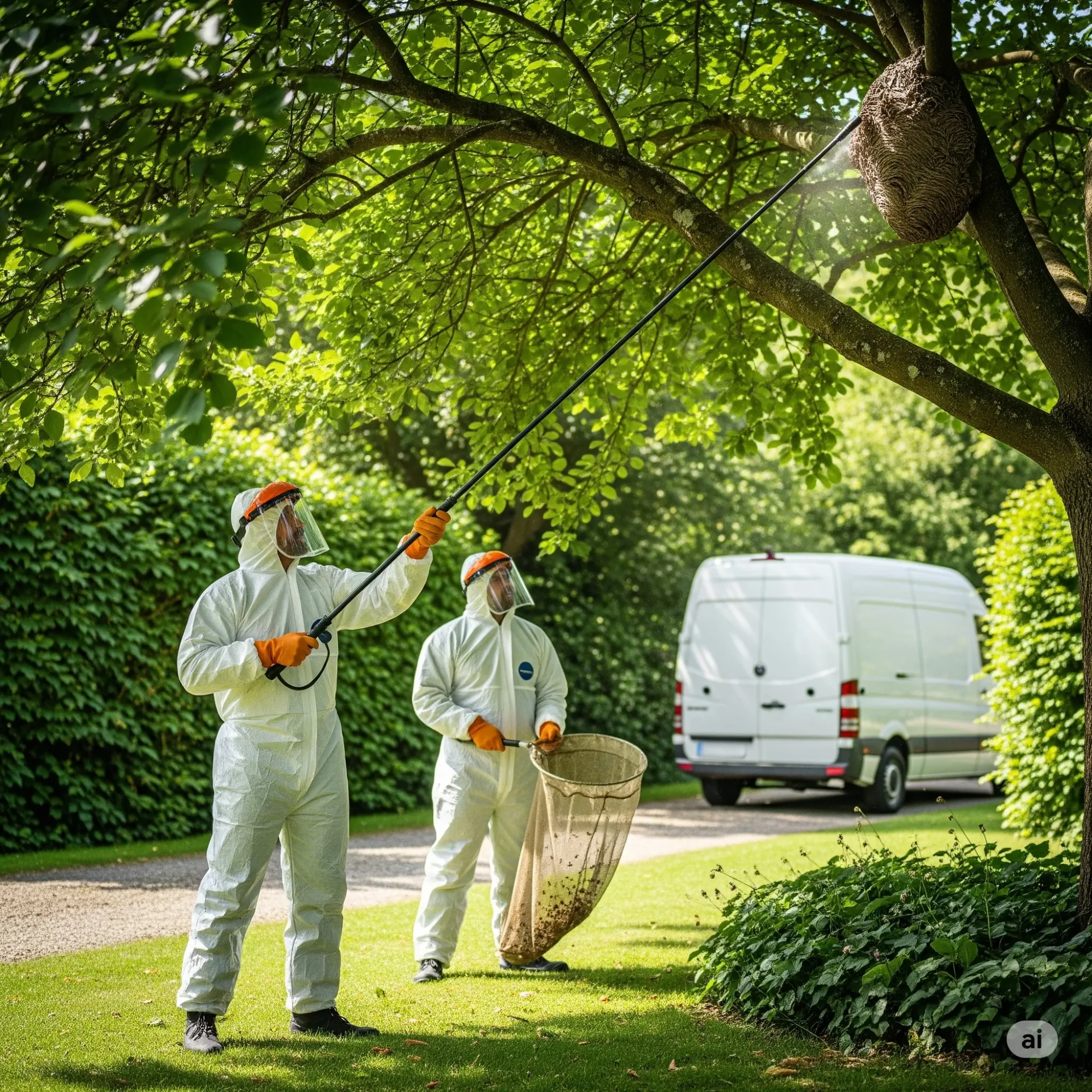 Une équipe de deux exterminateurs en combinaison de protection détruit un grand nid de frelons dans un arbre.
