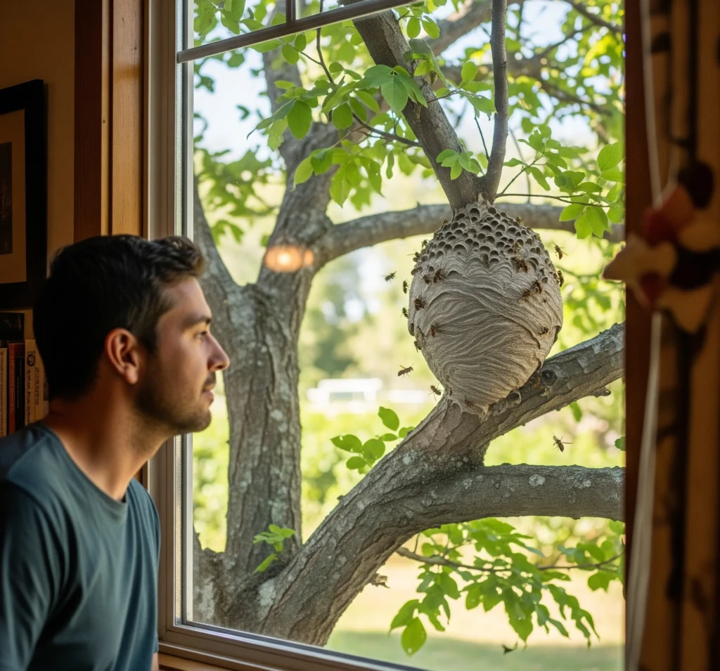 Un homme à l'intérieur d'une maison regarde avec prudence un nid de frelons sur un arbre à l'extérieur, à travers une fenêtre fermée.