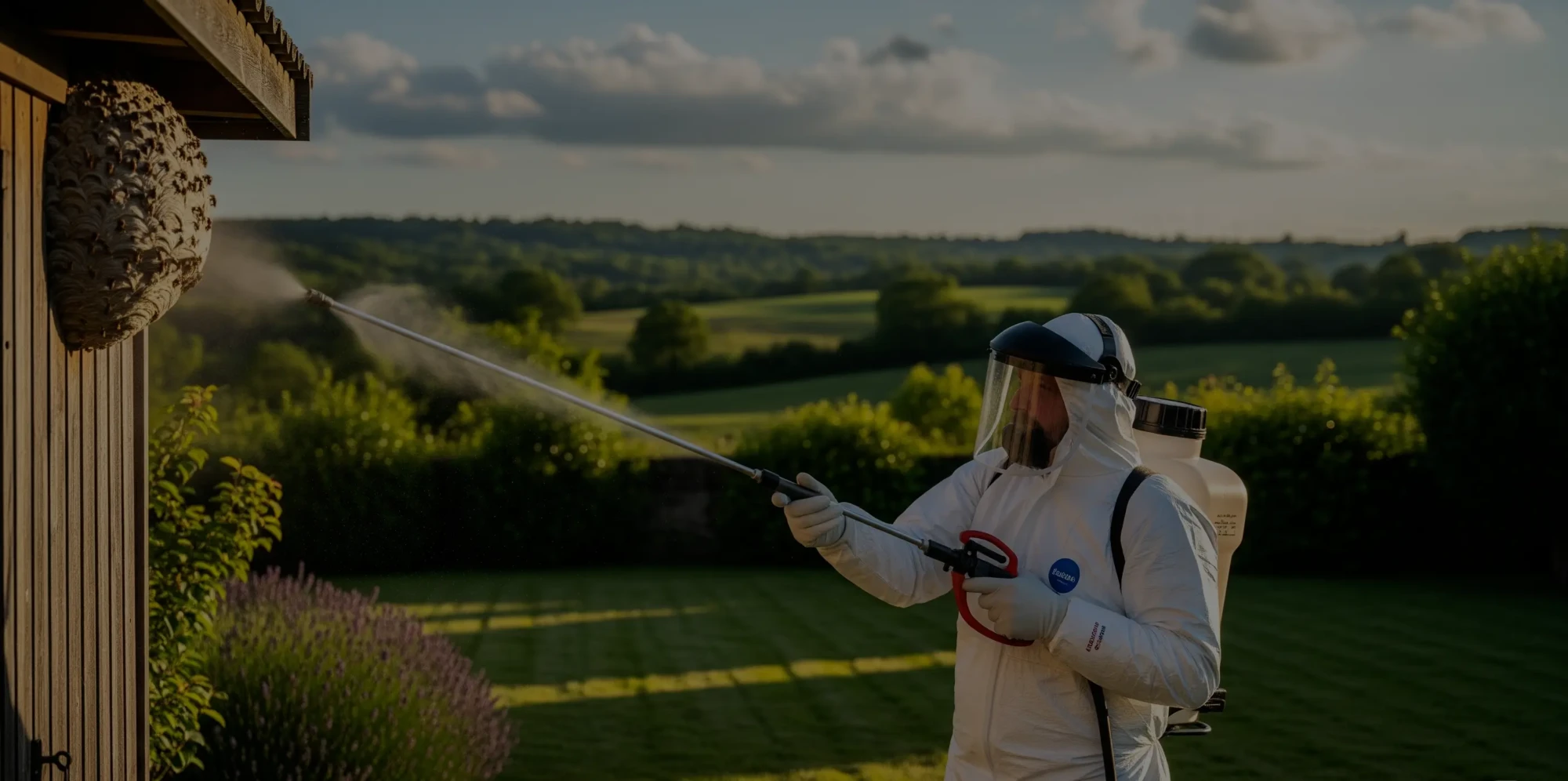 Un professionnel en tenue de protection complète, avec masque et gants, utilise un pulvérisateur à longue portée pour traiter un nid de frelons dans un jardin de campagne.