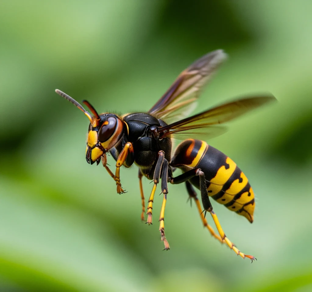 Frelon asiatique en vol, corps noir avec une fine bande orange sur l'abdomen et des pattes bicolores jaune vif.
