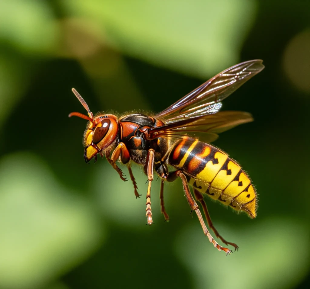 Frelon européen en vol, plus grand, avec un corps brun-noir et jaune, une tête rousse et des pattes marron-roux.