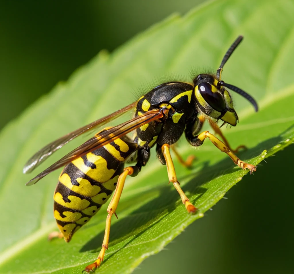 Guêpe commune perchée sur une feuille, avec des rayures noires et jaunes et une taille très fine.