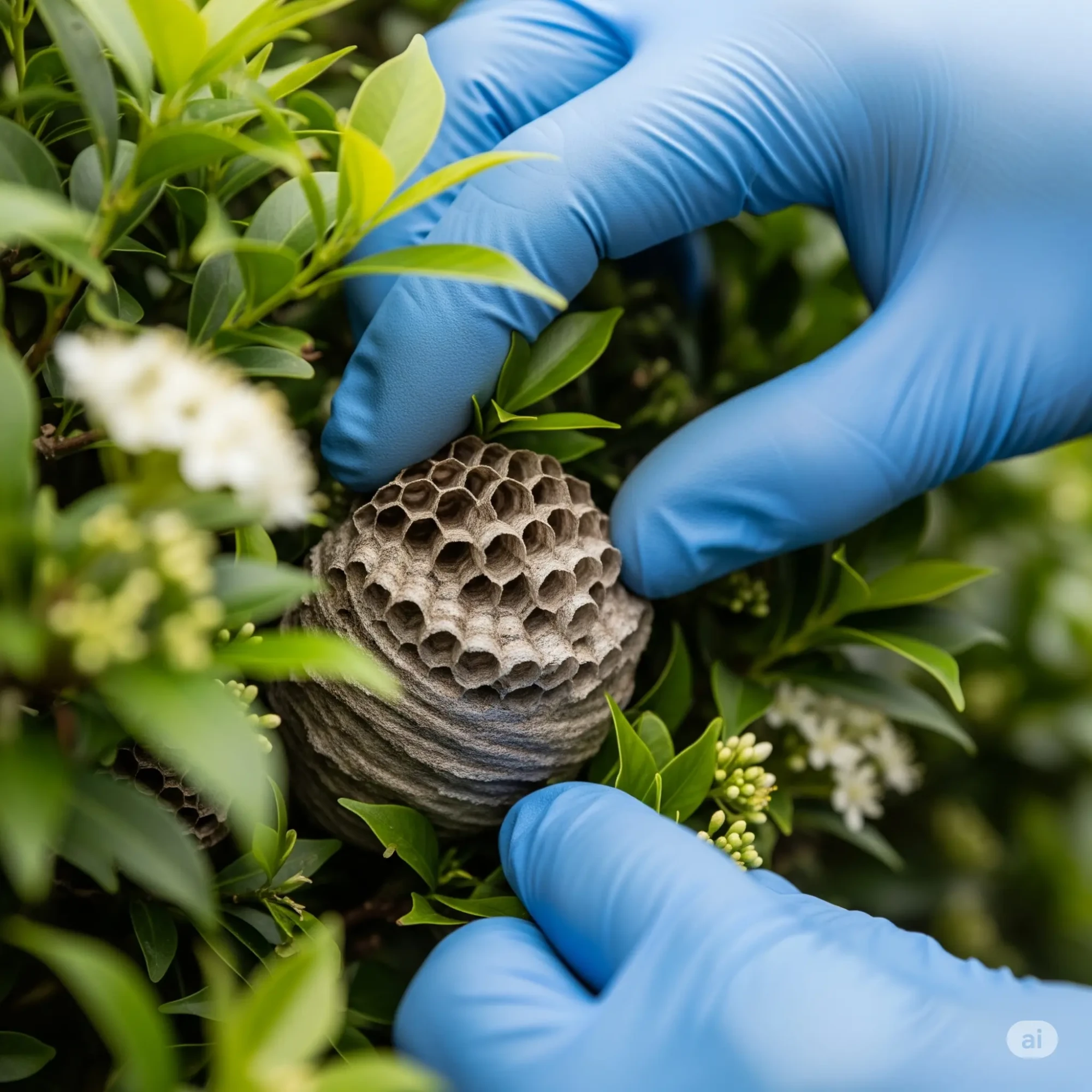 Gros plan sur les mains gantées d'un exterminateur inspectant un petit nid de frelons caché dans une haie