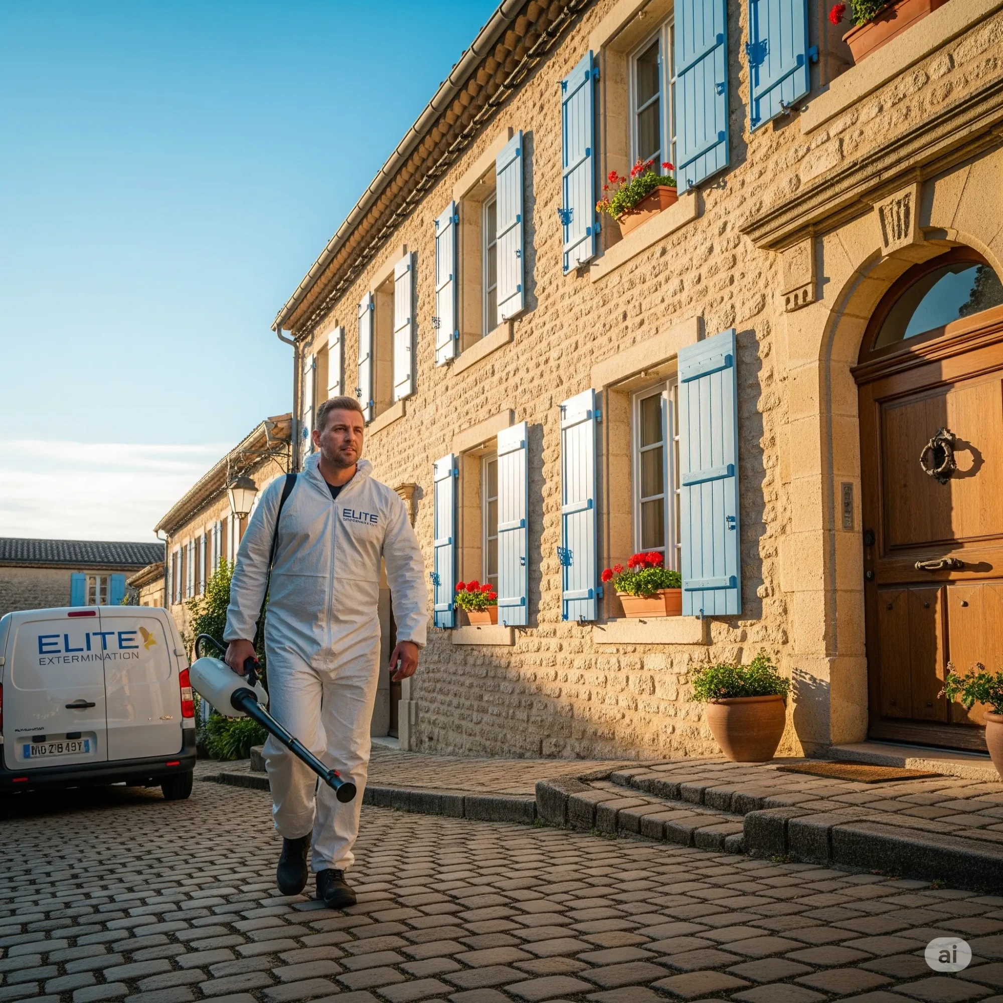 Un exterminateur professionnel en combinaison de protection s'approche de l'entrée d'une maison pour une intervention.