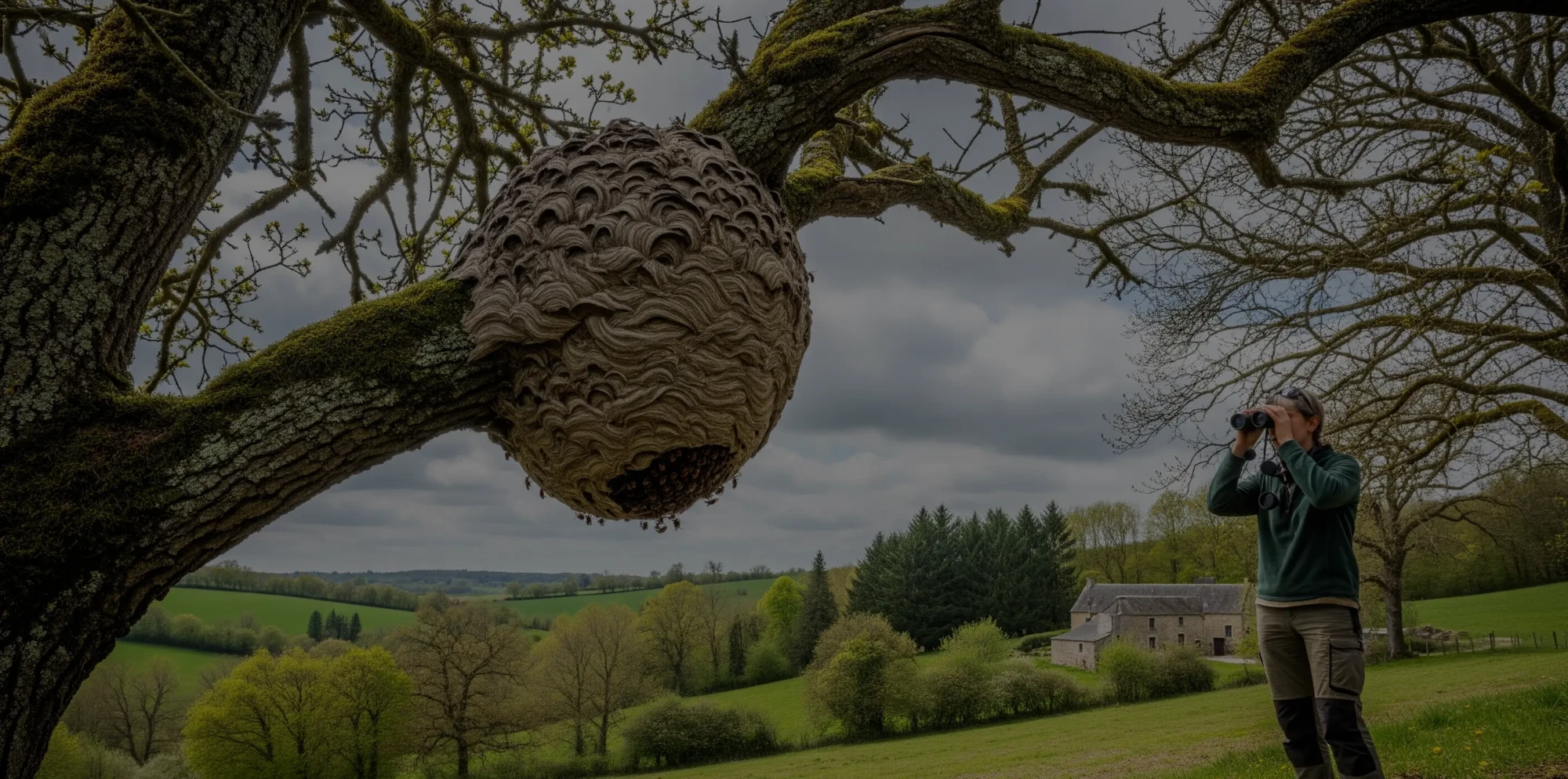 Une personne observe à distance un grand nid de frelons dans un arbre en Haute-Vienne.