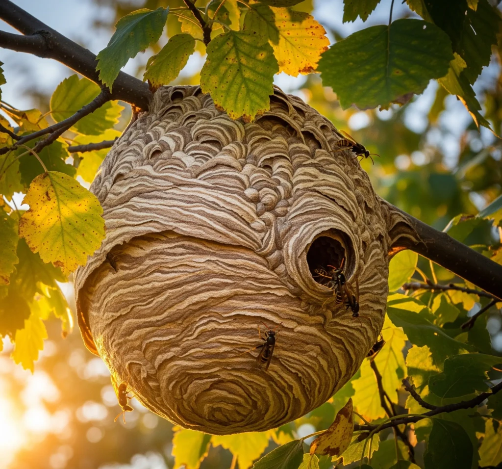 Gros nid de frelons asiatiques sphérique ou en forme de poire, fait de fibres de bois mâchées, suspendu dans un arbre.