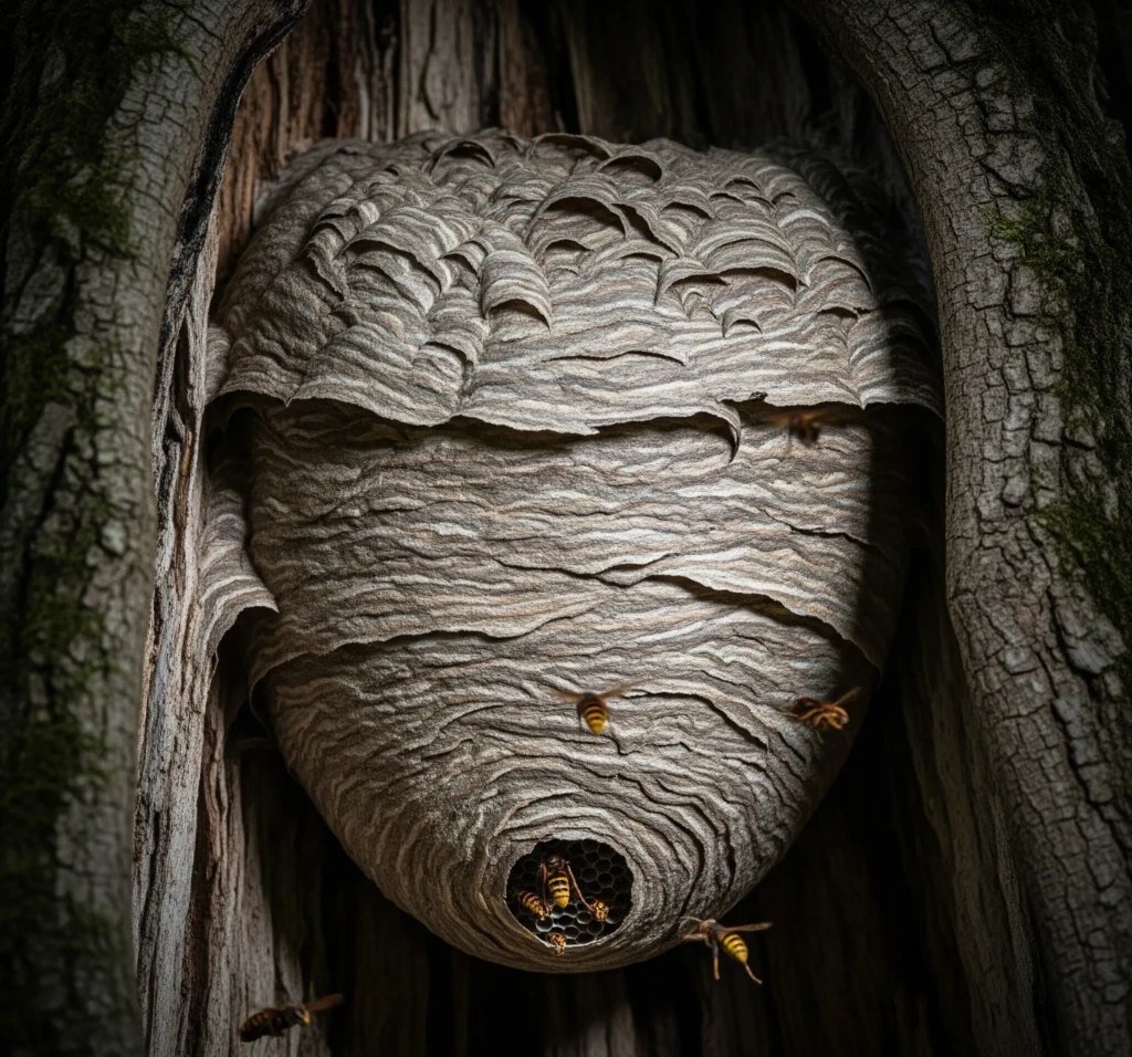 Nid de frelons européens plus large que haut, avec une grande ouverture en bas, situé dans le tronc creux d'un arbre.