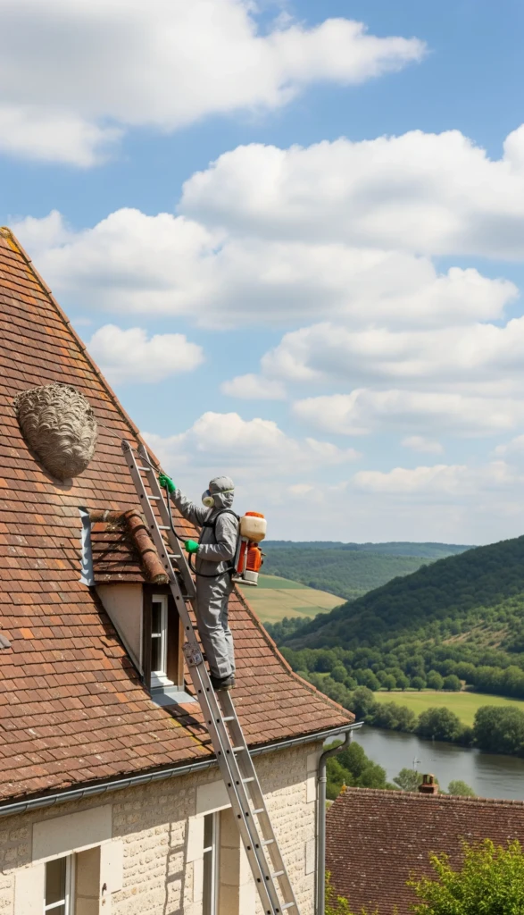 Un professionnel de la lutte antiparasitaire sur une échelle, pulvérisant un nid de frelons sous le toit d'une maison.