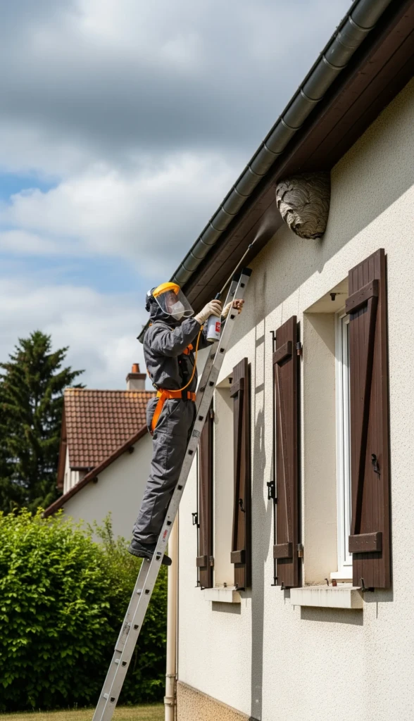 Un exterminateur en tenue de protection et bouclier facial sur une échelle, pulvérisant un nid de frelons sous l'avant-toit d'une maison en pierre à Condat-sur-Vienne.
