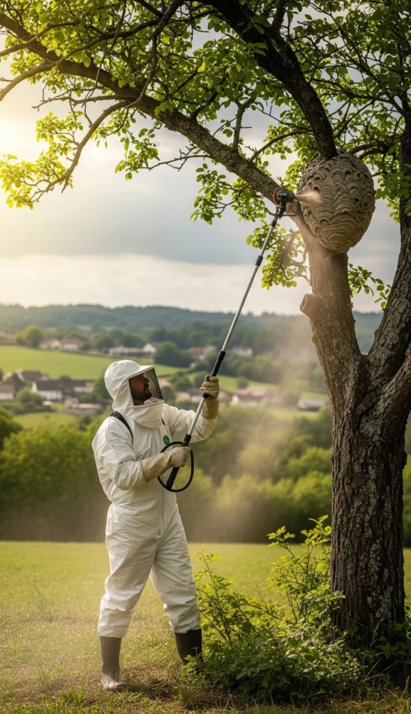 Un professionnel en tenue de protection blanche utilise une perche pour traiter un nid de frelons dans un arbre à Feytiat.