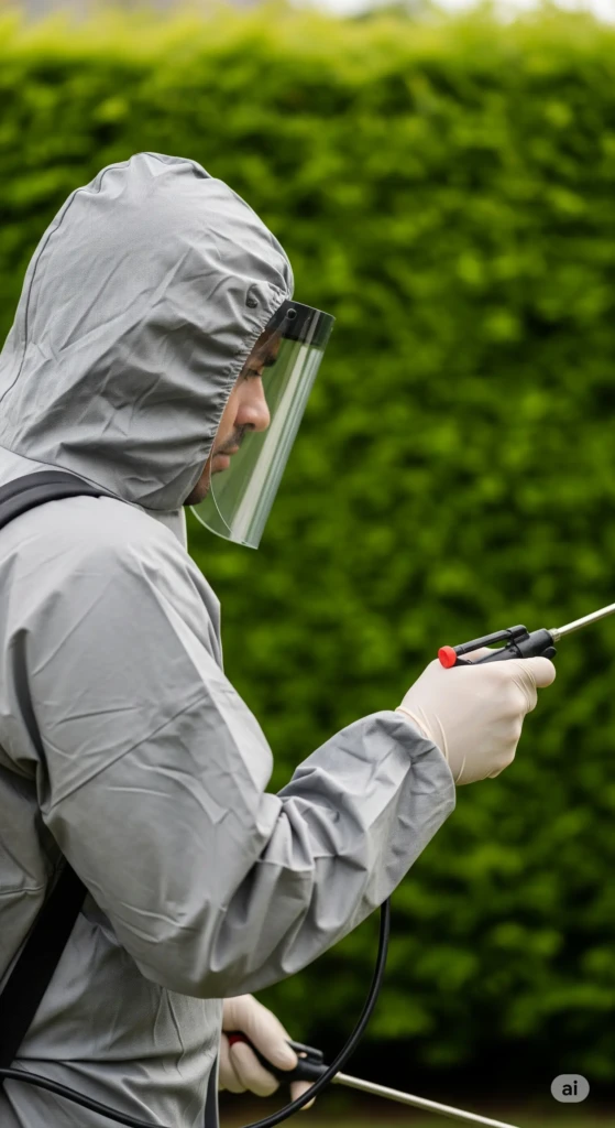 Un professionnel de l'extermination, équipé d'une combinaison et d'une visière de protection, pulvérise un traitement sur une haie.