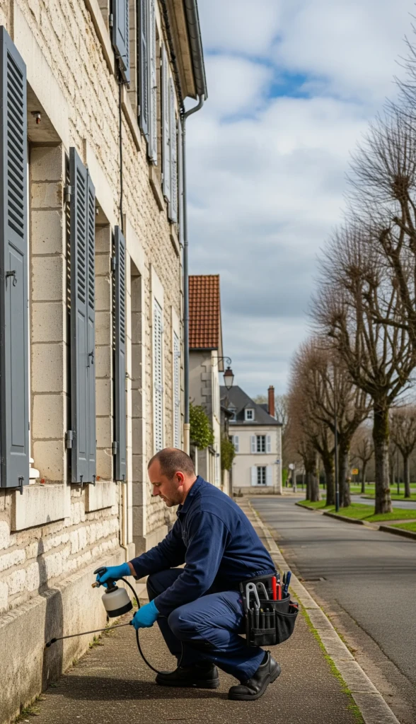 Un professionnel de la lutte antiparasitaire accroupi près d'une maison de ville, utilisant un pulvérisateur portatif pour traiter la fondation.