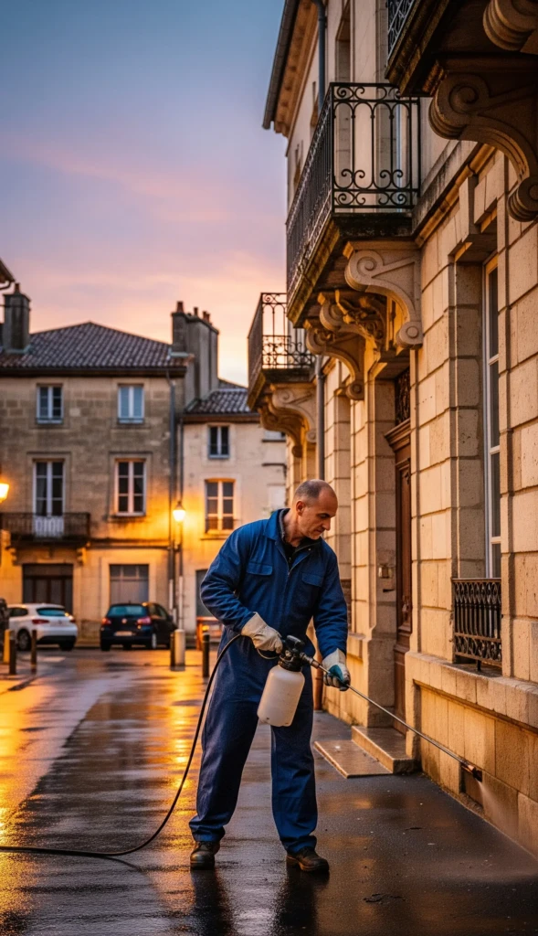 Un homme en combinaison de travail bleue pulvérise un produit le long du mur d'un immeuble de ville à Panazol, au coucher du soleil.